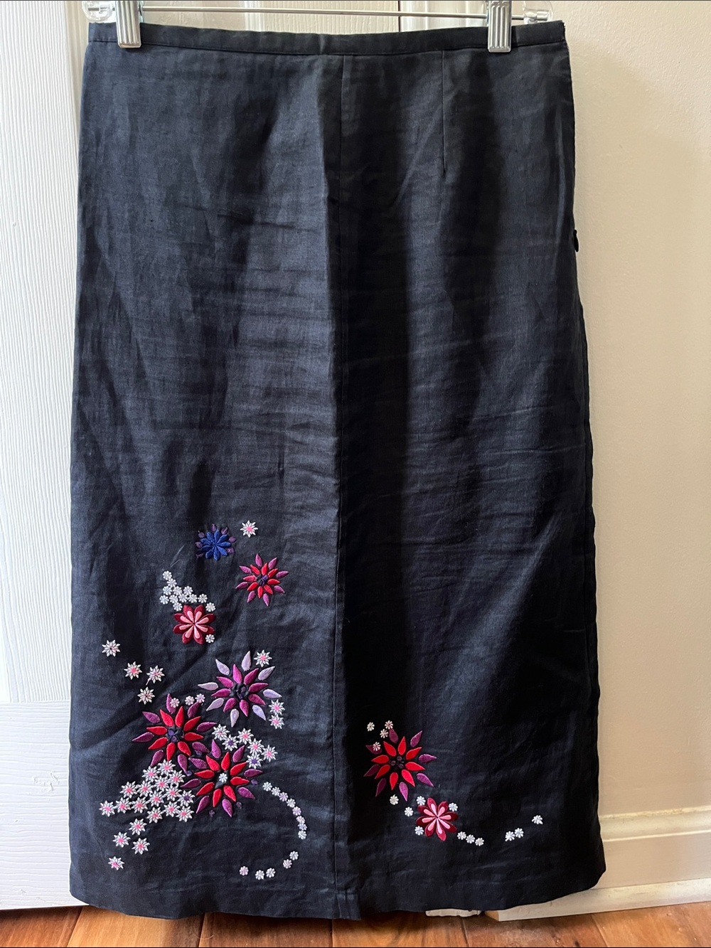 French Connection Black Midi Skirt with Pink & Purple Floral Embroidery